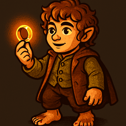 A stylized full-body illustration of a small hobbit holding a glowing ring in one hand, viewed from a 45-degree angle. The hobbit has curly hair, bare feet, and wears rustic, earth-toned clothing with detailed textures. The scene has warm, soft lighting emphasizing the character’s expressive face and the shining ring. The art style is cartoonish with rich colors, smooth shading, and a fantasy atmosphere..
In-Game asset.  2d.  High contrast.  No shadows
