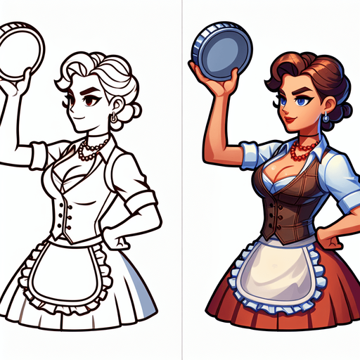 upper torso of a western cartoon barladygetting ready to throw a pie. front view.
Single Game Texture. In-Game asset. 2d. Blank background. High contrast. No shadows.
