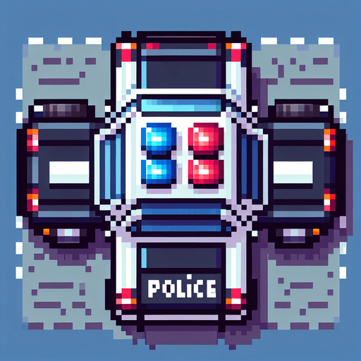 Top-down view of a pixel art police car with flashing red and blue lights, 64x64, arcade retro style".
Single Game Texture.  In-Game asset.  2d.  Blank background.  High contrast.  No shadows