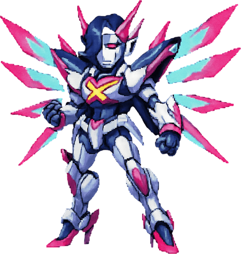 Appearance: An advanced and dramatically redesigned robotic version of Mettaton. It has futuristic armor, energy wings, and a stylized design reminiscent of an anime mecha. He have a heels, 2d pixel art