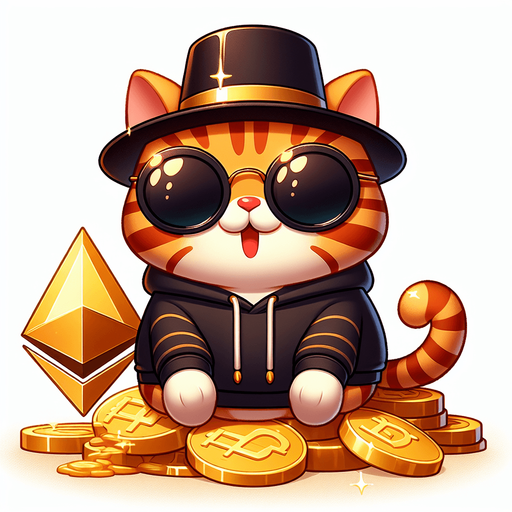 The character in the image now embodies the essence of wealth and sophistication, portrayed as a cartoon-style orange tabby cat with eye-catching stripes. Its round face boasts oversized, round, dark opaque sunglasses, and features a prominent, exaggerated red pout shaped like a duck's bill. Although the cat's body appears smaller in comparison to its head, contributing to its adorable, chubby look, it's the epitome of affluence. Adorning its head is a classy black top hat, adding an extra layer of sophistication. Dressed in a simple, light-colored hoodie with a drawstring, the cat is perched majestically atop a lavish pile of golden Ethereum tokens, showcasing its prosperity in the digital currency sphere. With its paws displayed in front, the cat sits in a relaxed pose, exuding a sense of serene command over its wealth. This plush adaptation of the character, blending playfulness with a motif of riches and luxury, serves as an ideal figure for narratives centered on financial success, making it a perfect mascot for financial education platforms or as a captivating character in children's stories about the value of money and investment..
Single Game Texture. In-Game asset. 2d. Blank background. High contrast. No shadows.