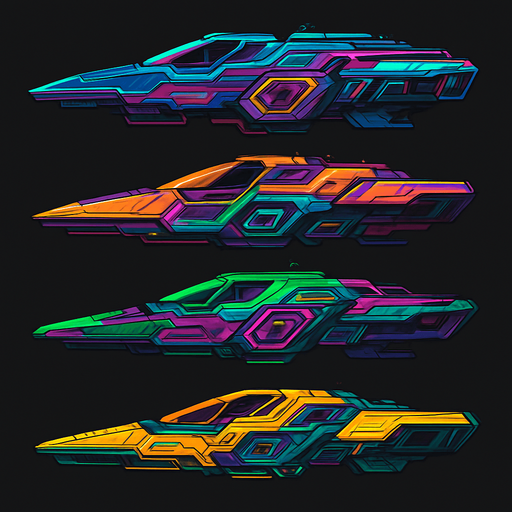 Cyber Ship assets, Cyberpunk, Abstract, Futuer, HD colors, Different colors. Horizontal. seen from a side.
In-Game asset.  2d.  High contrast.  No shadows