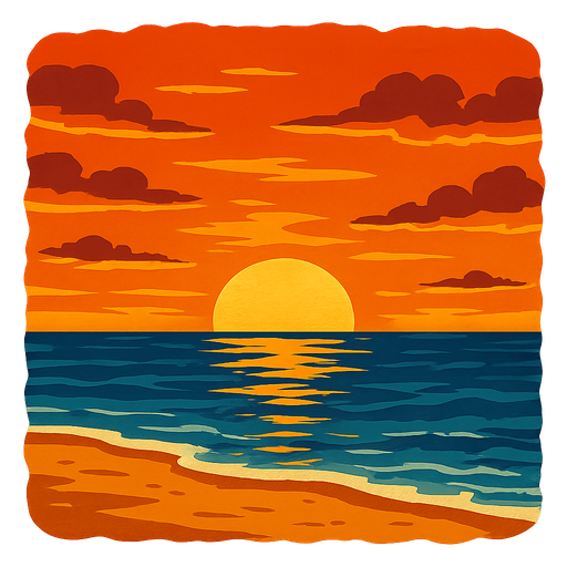 A sunset on a beach for a background.
Single Game Texture.  In-Game asset.  2d.  Blank background.  High contrast.  No shadows