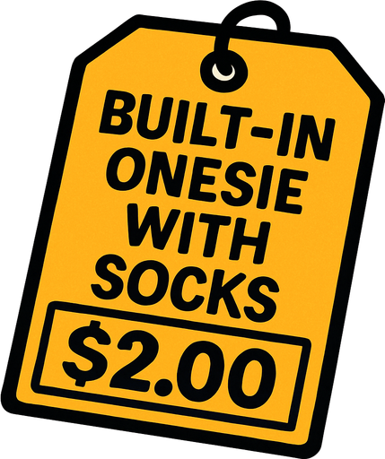 Price tag that says built-in onesie with socks $2.00.
In-Game asset.  2d.  High contrast.  No shadows