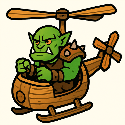 Orc in a wooden helicopter.
In-Game asset.  2d.  High contrast.  No shadows