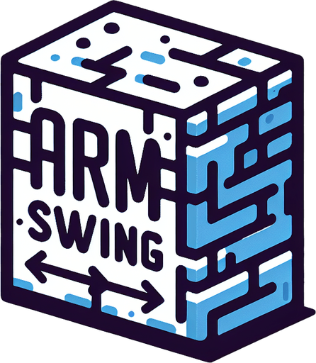 a forward facing brick with the writing "Arm Swing" Single Game Texture. In-Game asset. 2d. Blank background. High contrast. No shadows.