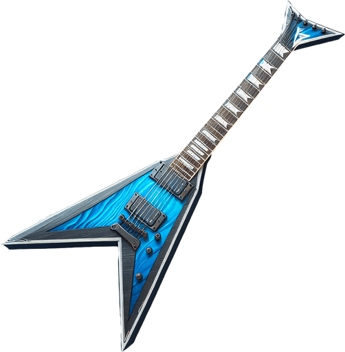 Blue Electric guitar flying v.
Single Game Texture.  In-Game asset.  2d.  Blank background.  High contrast.  No shadows