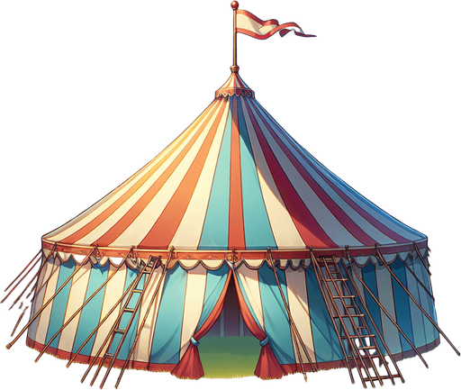 anime circus tent field.
Single Game Texture.  In-Game asset.  2d.  Blank background.  High contrast.  No shadows