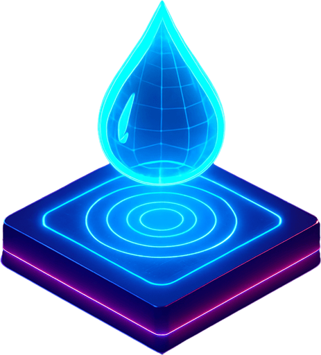 Top down isometric neon cyberpunk 3d glowing water drop hologram projection