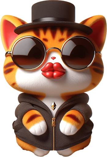The character in the image now embodies the essence of wealth and sophistication, portrayed as a cartoon-style orange tabby cat with eye-catching stripes. Its round face boasts oversized, round, dark opaque sunglasses, and features a prominent, exaggerated red pout shaped like a duck's bill. Although the cat's body appears smaller in comparison to its head, contributing to its adorable, chubby look, it's the epitome of affluence. Adorning its head is a classy black top hat, adding an extra layer of sophistication. Dressed in a simple, light-colored hoodie with a drawstring, the cat is perched majestically atop a lavish pile of golden Ethereum tokens, showcasing its prosperity in the digital currency sphere. With its paws displayed in front, the cat sits in a relaxed pose, exuding a sense of serene command over its wealth. This plush adaptation of the character, blending playfulness with a motif of riches and luxury, serves as an ideal figure for narratives centered on financial success, making it a perfect mascot for financial education platforms or as a captivating character in children's stories about the value of money and investment..
Single Game Texture. In-Game asset. 2d. Blank background. High contrast. No shadows.