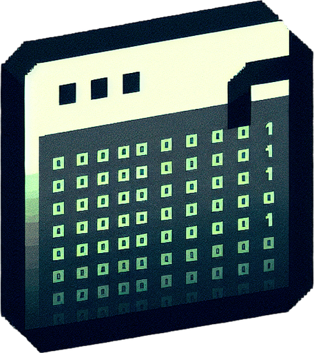 A minimalist UI website icon for a retro hacking app, representing a text-based file. The icon is a simple rectangular shape with a slightly folded corner at the top-right, rendered in a clean, pixel-art style. A few green binary digits ('0' and '1') are subtly displayed across the surface in a small, stylized font, blending seamlessly with the retro theme.

The design is stripped down to essential elements, using a monochromatic palette with a soft green glow to evoke the feel of a classic hacking interface. The overall look is clean, minimalist, and perfectly aligned with a retro tech aesthetic..
Single Game Texture. In-Game asset. 2d. Blank background. High contrast. No shadows.