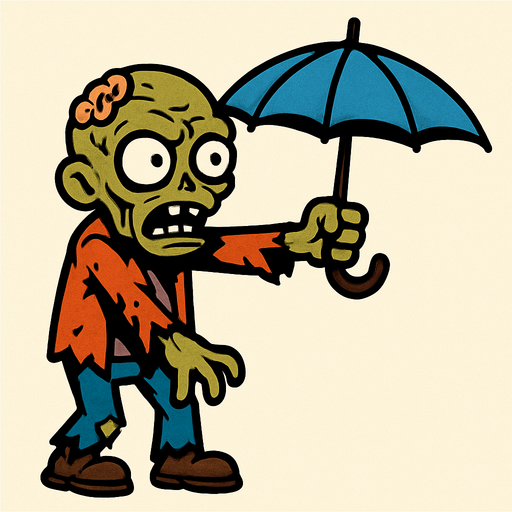 a zombie raises an umbrella forward.
In-Game asset.  2d.  High contrast.  No shadows