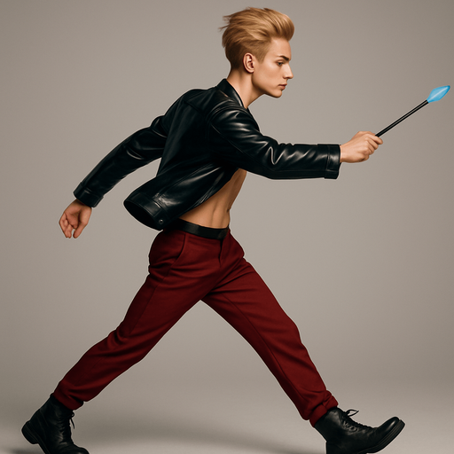 Swishy graceful man Cyberpunk manga, wand pointed straight ahead, arm extended, side profile view attack animation, shiny black leather biker jacket longsleeves shirtless Skinny abs blonde pompadour guy, action shot wine red joggers combat boots, Background removed, "Full-body character, entirely in frame, no cropping of face, head, or feet" "Complete character visible, from head to toe, fully centered in the image" "Entire character, including face and boots, fully within the frame" Character fully contained within a square frame, no edges cut off fashion model walking pose Style of vogue magazine