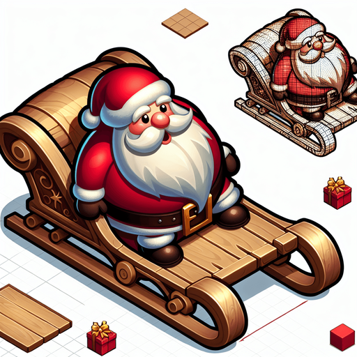 Santas sled, with santa in it Single Game Texture. In-Game asset. 2d. Blank background. High contrast. No shadows. Top down view