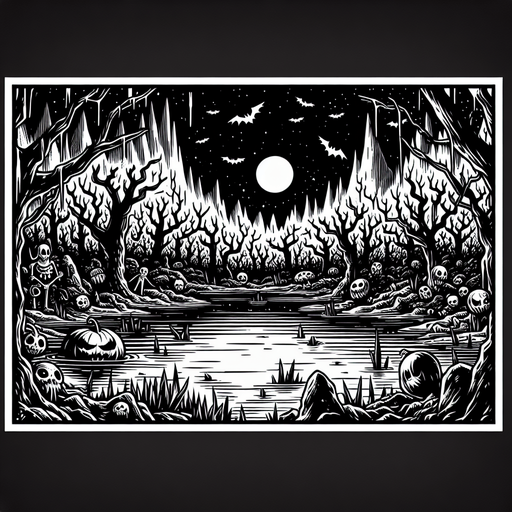 Generate a high quality cartoon background Halloween image on a black canvas similar to the format of where is waldo with a hellish lake environment.
Single Game Texture. In-Game asset. 2d. Blank background. High contrast. No shadows.