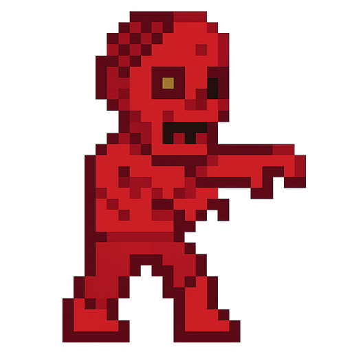 Red zombie pixel. No background. Transparent background. Blank background. No shadows. 2d. In-Game asset. flat