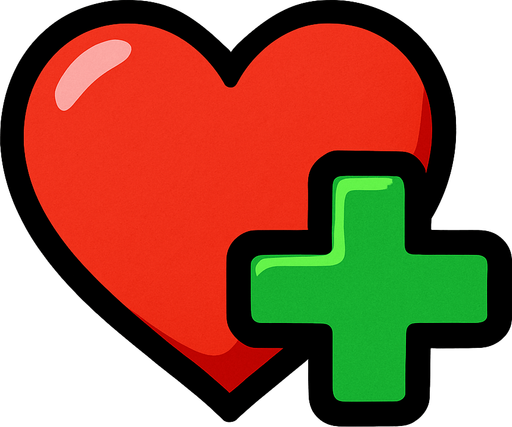 un corazón con un "+" verde al lado del corazon.
In-Game asset.  2d.  High contrast.  No shadows. Cartoon