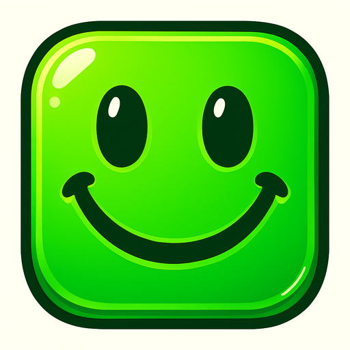Can you draw a smiling face with rounded edges, green and shiny effect?.
In-Game asset.  2d.  High contrast.  No shadows