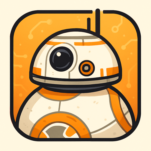 A stylized icon featuring the head of a spherical sci-fi droid. The droid has a sleek, white dome-shaped head with orange and silver accents, a central black photoreceptor eye, and a few small antennae. Its design is clean, compact, and friendly, with a glossy, slightly weathered finish that suggests it's a field robot. The background is minimal, with soft glows or circuit-inspired patterns in warm tones to contrast the droid's colors. Designed to be clear and recognizable at small sizes. Circular or square layout, 1024x1024 resolution, high detail, sci-fi concept art style. Inspired by modern robotic companions, fully original and copyright-safe..
In-Game asset.  2d.  High contrast.  No shadows