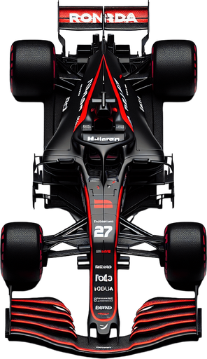 Black McLaren MP4-29 F1 RACE CAR with red lines and white,,RONDA"text. TOP VIEW..
Single Game Texture. In-Game asset. 2d. Blank background. High contrast. No shadows.