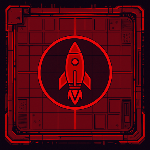 2D Top floor of tower facing the screen to use it as a grid. future. Cyberpunk. abstract. seen from above. HD colors. No Diagonal assets. Red color. Big logo of a Fired rocket on the middle of it.