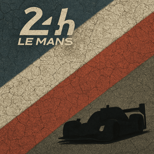Photorealistic, high textured menu wallpapper about Le Mans 24H racing with  diagonal thick darkblue, white, red stripes on a Cracked asphalt racetrack top view.
There is a dark prototype racing car siluette In the down right corner of the menu.