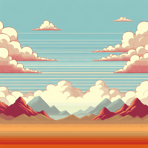 Distant clouds and mountains. Cartoony. Mario style.
Blank background.  High contrast.  No shadows