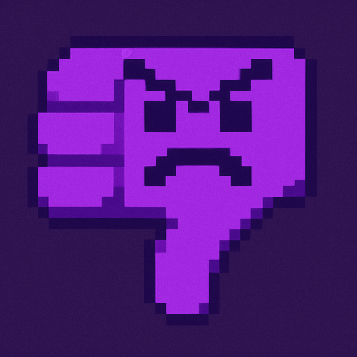 Make a 2d pixel purple dislike sign. Make an angry face.
In-Game asset.  2d.  High contrast.  No shadows
