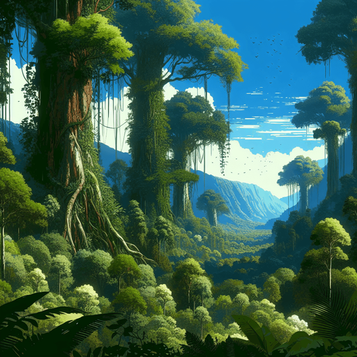 A lush jungle scenery with huge old trees covered in vines and overwrowth, blue sky and forested mountains in the background..
Single Game Texture. In-Game asset. 2d. Blank background. High contrast. No shadows.