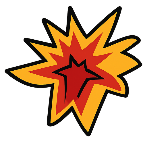 A car crash effect,red,yellow and orange colors,put the outer side black line. No background. Transparent background. Blank background. No shadows. 2d. In-Game asset. flat