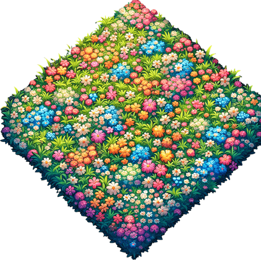 a lush meadow full of tiny flowers. top-down view.
Single Game Texture. In-Game asset. 2d. Blank background. High contrast. No shadows.