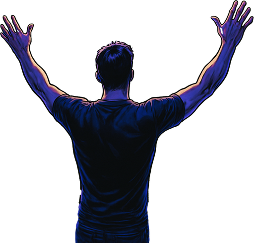 A realistic comic book style illustration, 2048x2048. From behind, DJ Noah stands on stage with arms raised, facing a cheering crowd. Neon lights in purples and blues flood the club. Spotlights, smoke, and a dynamic atmosphere. Add a semi-transparent narrator box in the top-left corner with the text: "He once lit up the night with sound..." in elegant comic book font..
In-Game asset.  2d.  High contrast.  No shadows