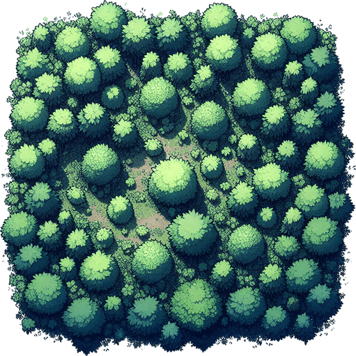 top down forest clearing with small bushes..
Single Game Texture. In-Game asset. 2d. Blank background. High contrast. No shadows.