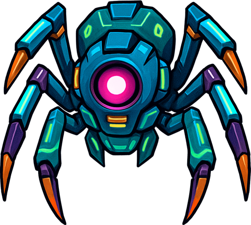 different cyber spider small enemy from the front side facing camera. HD colors. separated
In-Game asset.  2d.  High contrast.  No shadows