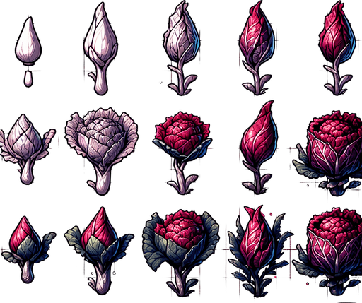 A spritesheet showing a pointed red cabbage plant in various stages of germantion and groth, from seed over sapling, to bloom and to full grown plant, and then the ripe cabbage. The sprites should be laid out in a rectangular grid with blank space between them.. Single Game Texture. In-Game asset. 2d. Blank background. High contrast. No shadows..
Single Game Texture. In-Game asset. 2d. Blank background. High contrast. No shadows.