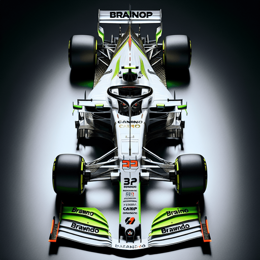 Photorealistic F1 race car without Halo safety device. Top view.
White body with neongreen nose. 
Black BrainGP text on body sides. 
Red "Cainon" text on front wings. 
Neongreen rear wing with Orange "BRAWNDO" text.