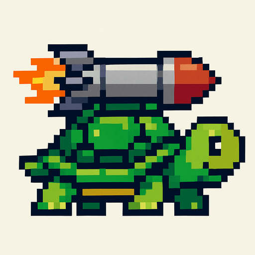 a turtle having a misile on her shell, pixelart.
In-Game asset.  2d.  High contrast.  No shadows