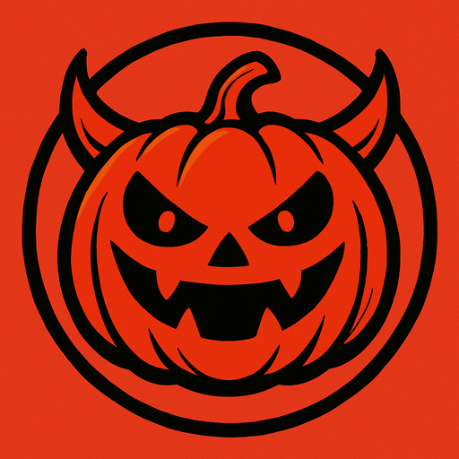 yuvarlak bir çerçevenin içerisinde şeytan kulaklı gülümseyen balkabağı kırmızı.
In-Game asset.  2d.  High contrast.  No shadows