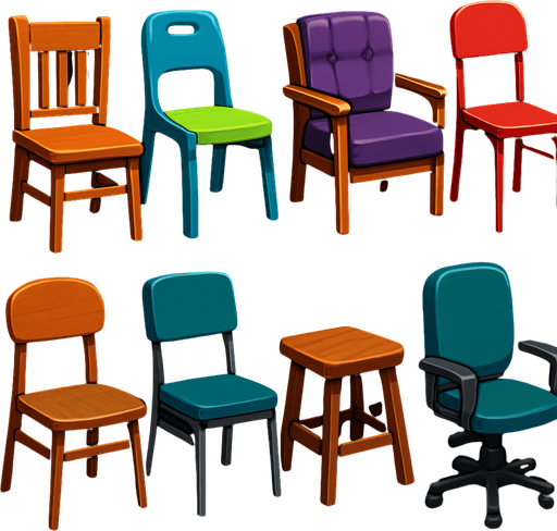 Pack of different chairs.
In-Game asset.  High contrast.  No shadows. 3D