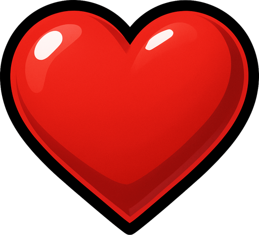 Red Heart, shiny, 3d, highly stylized, simple, black outline..
In-Game asset.  2d.  High contrast.  No shadows