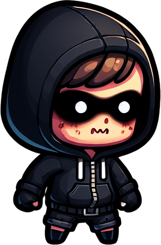a kid thief in wearing a black hoodie. Also looking like a zombie Single Game Texture. In-Game asset. 2d. Blank background. High contrast. No shadows.