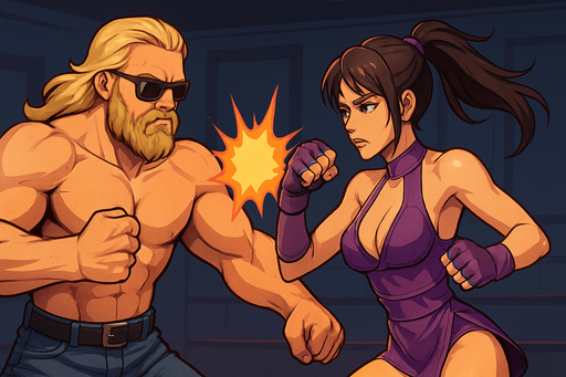 Fullscreen modern App Store landscape banner, 16:9, high definition, for a game titled "Chad Hardwood Turn-Based Fighter" and with the description "A turn-based fighting game where players battle through 10 increasingly challenging opponents. Choose from 4 attack options with different damage and energy costs. Manage your energy wisely - when it's depleted, your turn ends. Defeat each opponent to advance and become the ultimate Fighter.". Chad Hardwood is muscular long haired bearded sunglasses man, and his opponent is japanese sexy looking body fighter girl wearing sexy purple fight dress. No text on banner!