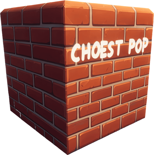 a forward facing brick with the writing "Chest Pop" Single Game Texture. In-Game asset. 2d. Blank background. High contrast. No shadows.