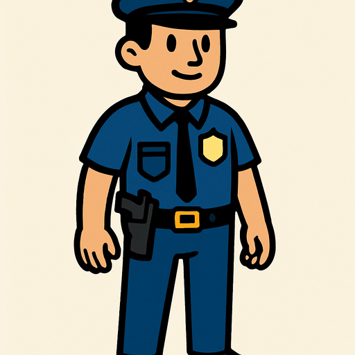 mavi polis giysili, cebinde silah olan tüm vücudu görünen bir polis.
In-Game asset.  2d.  High contrast.  No shadows