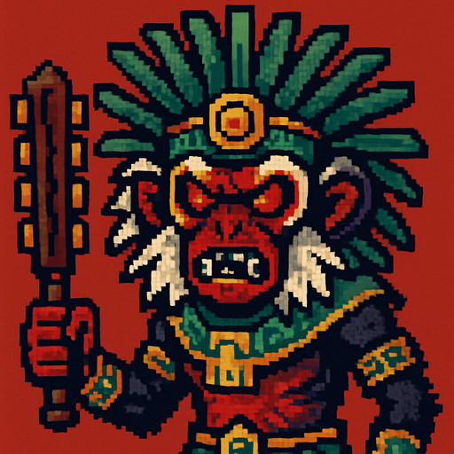 Genérame una MONO TITÍ guerra azteca con eso patrones estilo pixelar, con una apariencia maligna..
In-Game asset.  2d.  High contrast.  No shadows