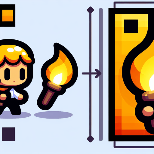 Si tu souhaites créer un personnage tenant une torche pour ton jeu, voici quelques conseils pour le design :

    Design du personnage :

        Proportions simples : Garde le design du personnage simple et épuré, avec une silhouette facilement reconnaissable. Il pourrait être petit et mignon, dans un style cartoon.

        Torche : La torche devrait être grande par rapport à la taille du personnage, avec une flamme vive pour ajouter du dynamisme. Assure-toi que la flamme est visible et lumineuse, avec des dégradés de jaune et orange..
Single Game Texture.  In-Game asset.  2d.  Blank background.  High contrast.  No shadows