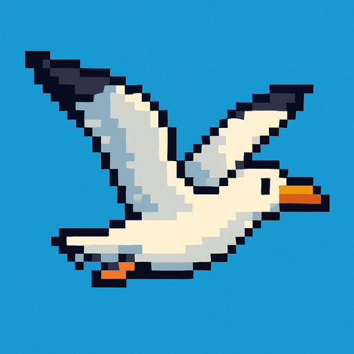 seagull looking to the right, pixelart, flying.
In-Game asset.  2d.  High contrast.  No shadows
