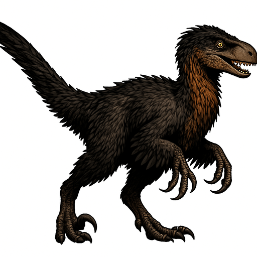 A large, realistic Utahraptor dinosaur covered in dense, shaggy feathers. The plumage is a mix of dark brown, black, and rusty orange along the neck and tail. It has long, powerful legs with a signature sickle-shaped claw on each foot, and feathered arms resembling wings. The head is narrow with a curved snout, sharp teeth visible, and piercing amber eyes. The long tail is covered in sleek feathers, giving balance and a bird-like appearance..
In-Game asset.  2d.  High contrast.  No shadows