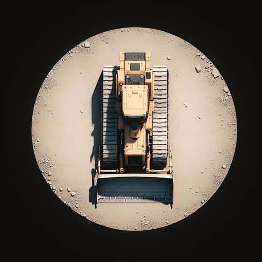 Bulldozer viewed strictly from top. Top view as if we are a drone..
Single Game Texture. In-Game asset. 2d. Blank background. High contrast. No shadows.