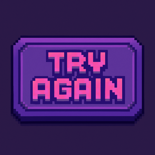 Pixel art “Try Again” button, retro arcade style, purple tones, soft shadows, chunky text, fits rhythm game UI..
In-Game asset.  2d.  High contrast.  No shadows